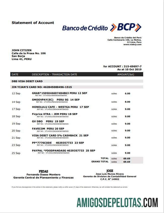 Peru Banco De Credito Del Peru (BCP) extrato bancário amostra